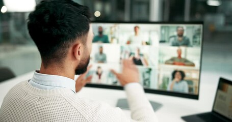 Business man, video call and wave on computer for chat, meeting or virtual conference. Webinar, hello or professional on screen for communication, discussion or salesman welcome team online in office - Powered by Adobe