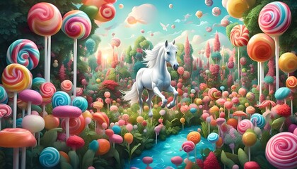 surreal forest scene with a horse and colorful sweets