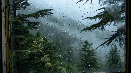 Peaceful Valley: Rainy Window View of Misty Pine Forest Landscape