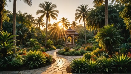 Fototapeta premium Tropical Garden at Sunset with Stone Path and Gazebo.