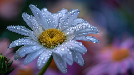 Serene Daisy in the Rain: Tranquil Scene of Raindrops on Flower Petals near Country Cottage