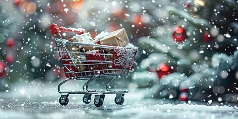 Christmas shopping 2024 concept with shopping cart filled with shopping bags and boxes