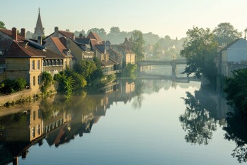 Obraz premium Misty Morning Reflections in a French Town