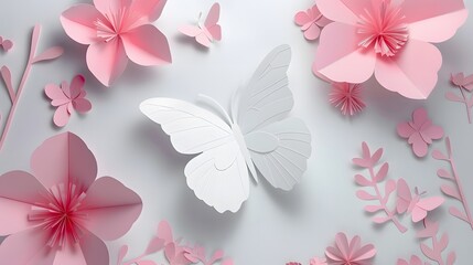 Delicate paper-cut butterflies and flowers in pastel pink, creating a serene, artistic composition on a white background.