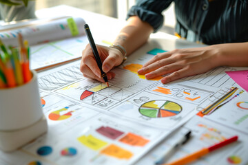  woman is drawing a pie chart on a piece of paper. She is using a black pen and a red marker