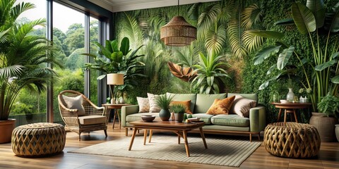 Fototapeta premium Lush, green jungle inspired living room with tropical plants, rattan furniture, and animal print accents, jungle