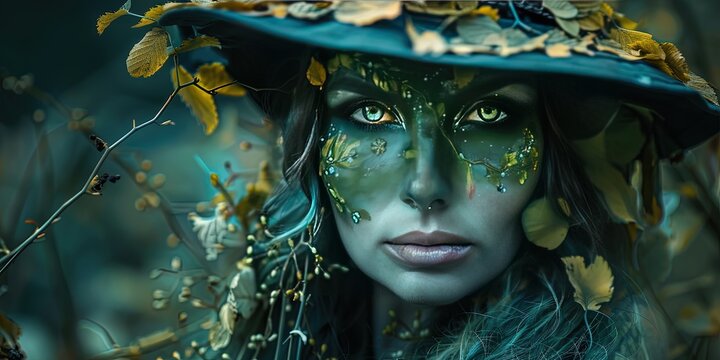 Beautiful young woman dressed as wicked green witch