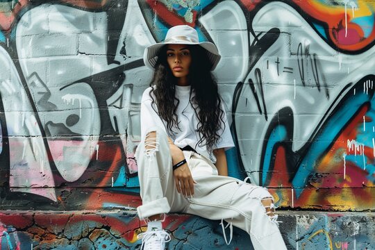 Fashionable Woman Sitting in Front of a Colorful Graffiti Wall - Powered by Adobe