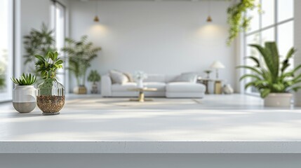 Sleek Showcase: Blank Minimalist White Tabletop with Blurred Home Decor for Interior Design Product Presentations