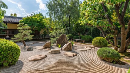 Tranquil Zen Rock Garden with Harmoniously Arranged Stones and Sand