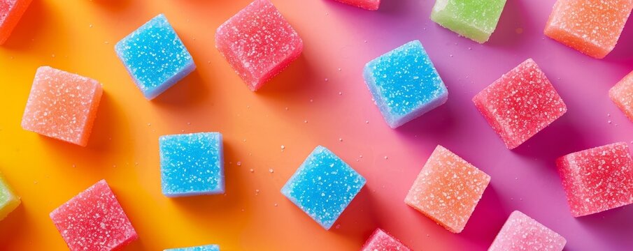 Colorful sugar-coated gummy cubes on a vibrant gradient background