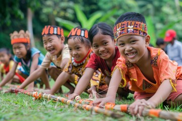 Fototapeta premium Group of Smiling Children in Traditional Headwear Playing a Game