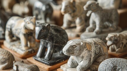 Obraz premium Intricate Inuit Soapstone Carvings of Arctic Wildlife - Close-up Shot of Traditional Indigenous Art