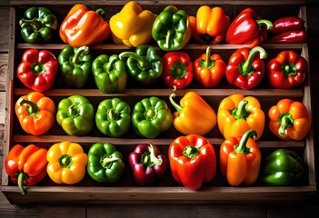 vibrant bell peppers arranged rustic wooden colorful fresh vegetables display, box, crate, red, green, yellow, orange, natural, organic, farm, harvest, market