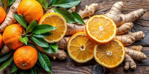 Fresh oranges with ginger roots, displaying a vibrant contrast between the bright citrus fruit and the earthy root, oranges