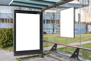 Two Mockups Of Outdoor Advertising Billboards At A Bus Stop. Blank Poster Displays On A City Street