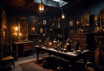 eerie attic filled dusty creepy relics haunted space, antique, artifacts, spooky, old, vintage, gloomy, shadows, mysterious, cobweb, abandoned, dark, chilling