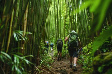 Naklejka premium Hikers Journeying Through a Lush Bamboo Forest