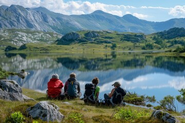 Mountain Lake Reflection with Four Hikers