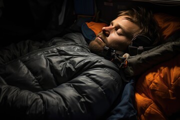 Fototapeta premium Climbing into a sleeping bag at night.