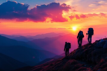 Fototapeta premium Silhouettes of Hikers Against a Vibrant Sunset