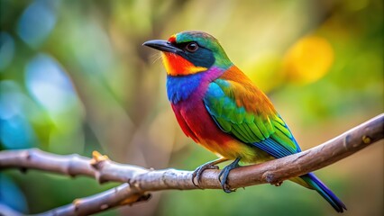 Obraz premium Multicolored bird perched on a tree branch with blurred background , wildlife, nature, colorful, small bird, feathers