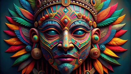 Wild tribal mask with intricate designs and vibrant colors, tribe, traditional, cultural, ritual, ceremony, ethnic