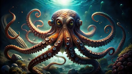 Obraz premium Evil octopus lurking in murky waters, ocean, sea creature, tentacles, underwater, danger, sinister, marine life