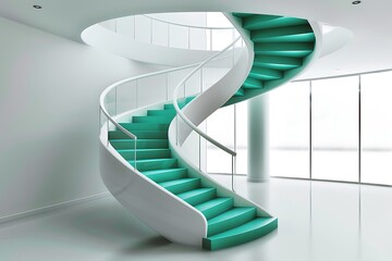 Elegant spiral staircase with bright turquoise steps, white railings, and minimalistic design in a modern interior.