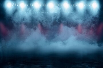 Obraz premium Bright stadium arena lights, Smoke bombs, empty dark scene, neon light, spotlights The concrete floor and studio room with smoke float up the interior texture, night view for display products