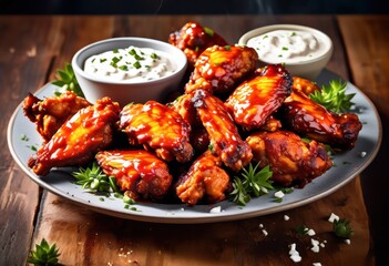 Fototapeta premium delicious spicy hot wings creamy ranch sauce plate, fiery, crisp, chicken, appetizer, snack, meal, tasty, fried, buffalo, flavor, meat, cooked, golden, dish