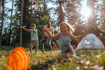 Happy Family Playing Frisbee in a Forest