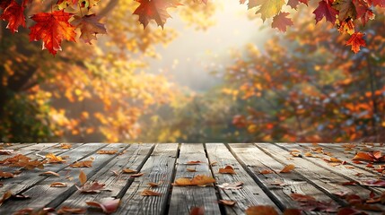 Autumn background with colorful leaves and a wooden table