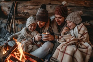 Family Gathering Around a Cozy Fireplace