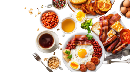 Traditional English breakfast with hash browns, bacon, sausage, baked beans, eggs and cup of tea on transparent background