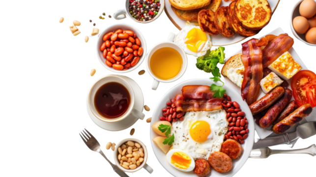 Traditional English breakfast with hash browns, bacon, sausage, baked beans, eggs and cup of tea on transparent background
