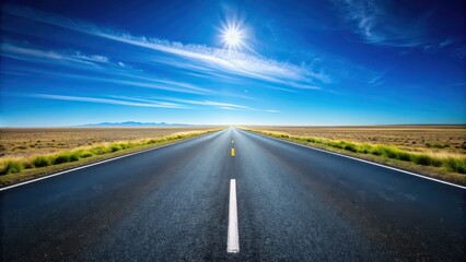 Naklejka premium Asphalt road stretching into the distance under a clear blue sky, paved, highway, roadway, transportation