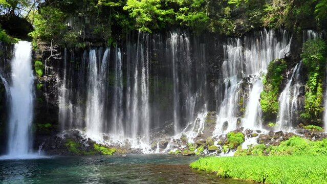 Shiraito Waterfall, located in the foothills of Mount Fuji in Shizuoka, Japan, is a beautiful Asian travel destination. The cascading water striking the surface below creates a stunning scene