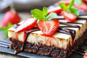 Close-Up of a Delicious Chocolate Covered Cheesecake with Strawberries