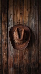 Cowboy hat hanging on rustic wooden wall, vintage western decor concept