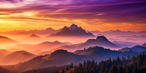 Fototapeta premium Mountain landscape with purple and orange hues in the background, mountain, landscape, purple, orange, sunset, dusk, colorful