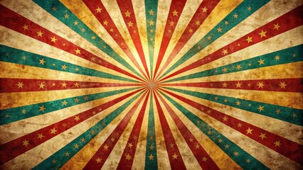Vibrant retro sunburst radiates from center of distressed vintage circus poster with spiral rays and grungy texture.