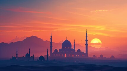Fototapeta premium Horizon Line: banner background of Mosque Day theme banner design for microstock, no text, and wide copy space, Horizon Line: The mosque on the horizon with a simple landscape, for banner, 