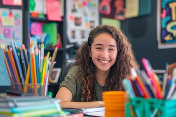 Smiling Young Girl Studying at a Desk