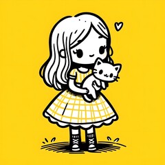 Fototapeta premium A cute cartoon girl in a dress holding a white kitten.