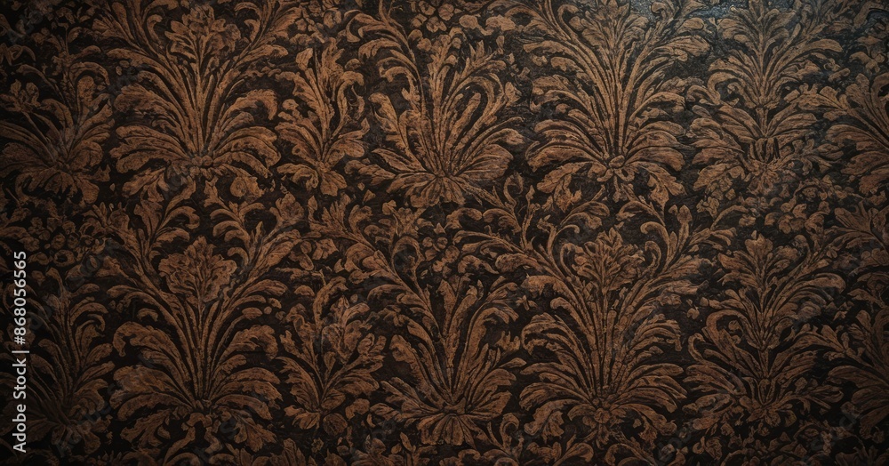 Wall mural closeup image of a brown and gold floral damask fabric pattern