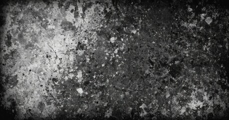 Obraz premium A closeup of a weathered concrete wall in black and white. The surface is covered in cracks, chips, and paint splatter