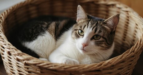A tabby cat with white fur rests comfortably in a wicker basket, its green eyes gazing directly at the camera