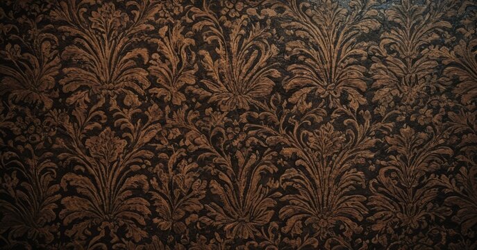 Closeup image of a brown and gold floral damask fabric pattern
