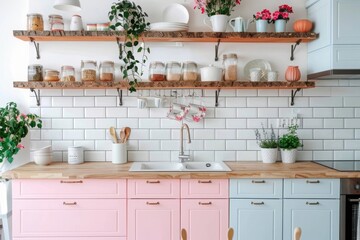 Modern Kitchen With Pink and Blue Cabinets and Open Wooden Shelves